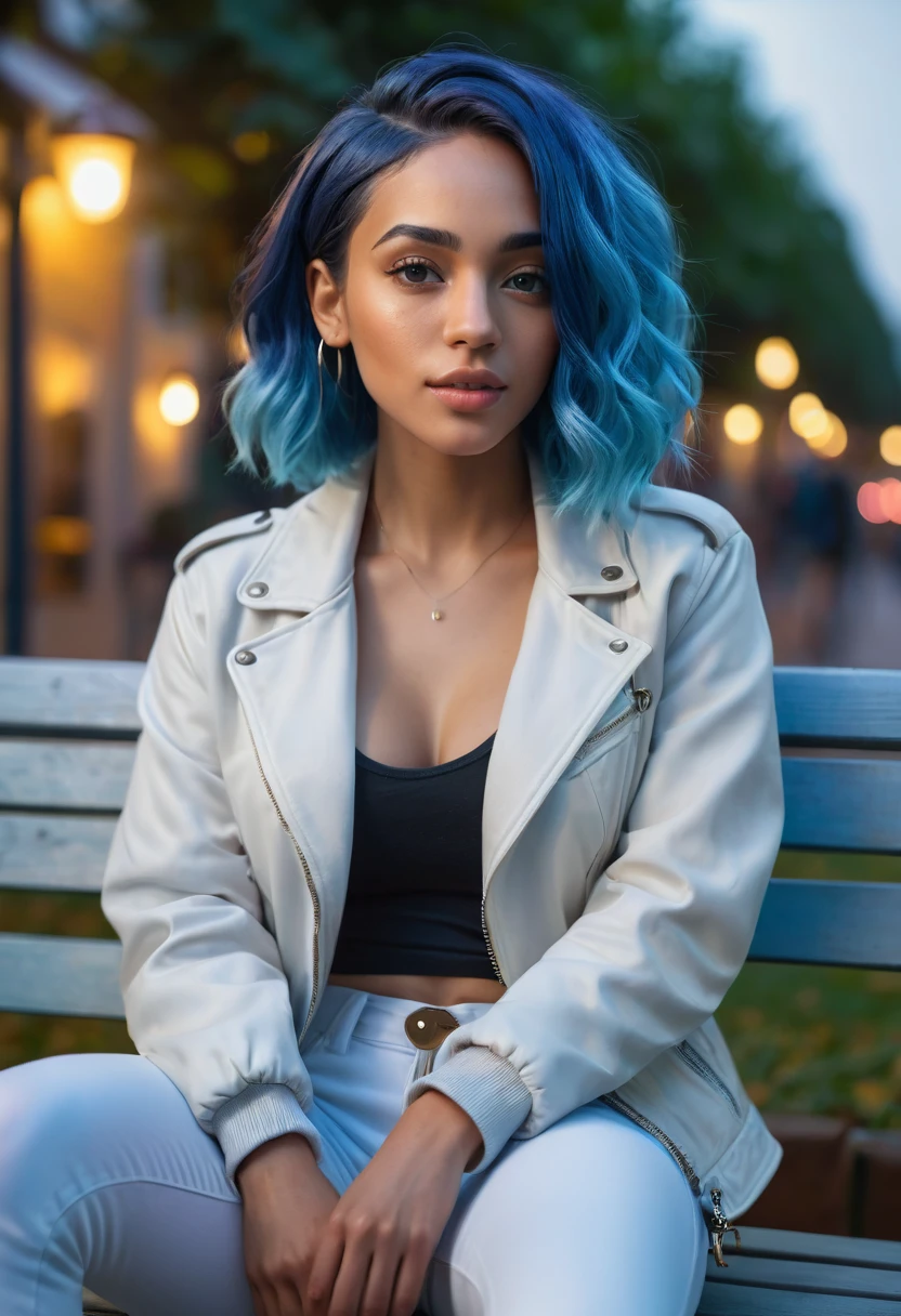 Casual selfie a beautiful mixed-race woman with blue hair, sit on a bench with white jacket, grey pants, warm lighting, atmospheric, moody, vibrant colors, (best quality,4k,8k,highres,masterpiece:1.2),ultra-detailed,(realistic,photorealistic,photo-realistic:1.37)