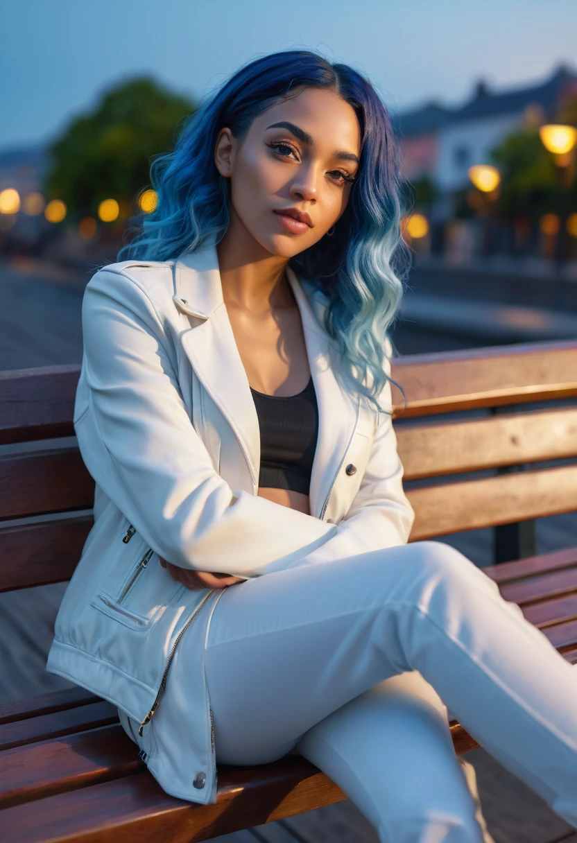 Casual selfie a beautiful mixed-race woman with blue hair, sit on a bench with white jacket, grey pants, warm lighting, atmospheric, moody, vibrant colors, (best quality,4k,8k,highres,masterpiece:1.2),ultra-detailed,(realistic,photorealistic,photo-realistic:1.37)