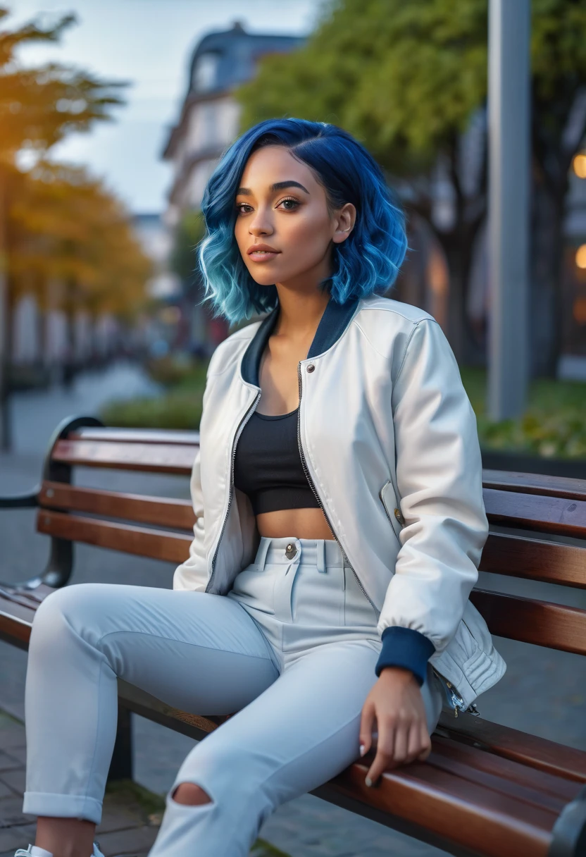 Casual selfie a beautiful mixed-race woman with blue hair, sit on a bench with white jacket, grey pants, warm lighting, atmospheric, moody, vibrant colors, (best quality,4k,8k,highres,masterpiece:1.2),ultra-detailed,(realistic,photorealistic,photo-realistic:1.37)