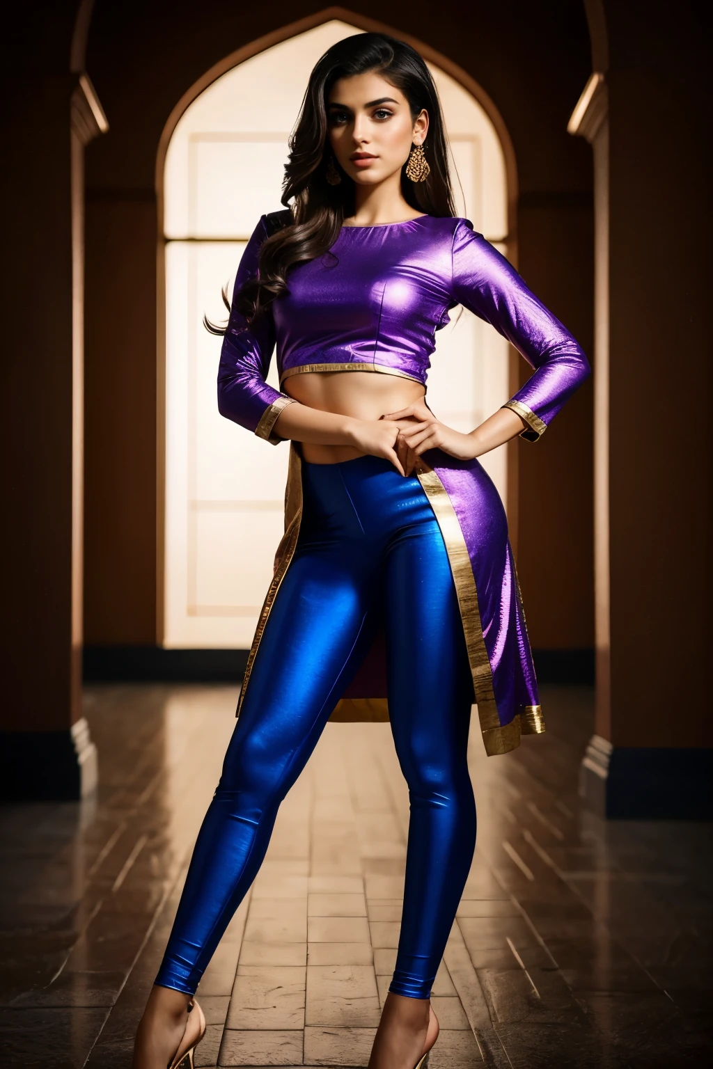 In this portrait, a beautiful 20-year-old female Instagram model is captured in a fully dressed and tasteful manner. She is wearing violet intricate leggings with a desi design that showcases traditional patterns and craftsmanship.

The lighting setup features rim lighting, which adds a delicate glow around the edges of her form, highlighting her silhouette. Key lighting is strategically placed to illuminate her face and attire, bringing out the fine details and textures of the intricate leggings. The light background provides a clean and minimalistic setting that enhances the focus on the model.

Her pose is confident and poised, reflecting both her beauty and the allure of the desi attire. The overall composition of the portrait, combined with the careful lighting and background choice, creates a captivating and elegant image that is both aesthetically pleasing and artistically refined.