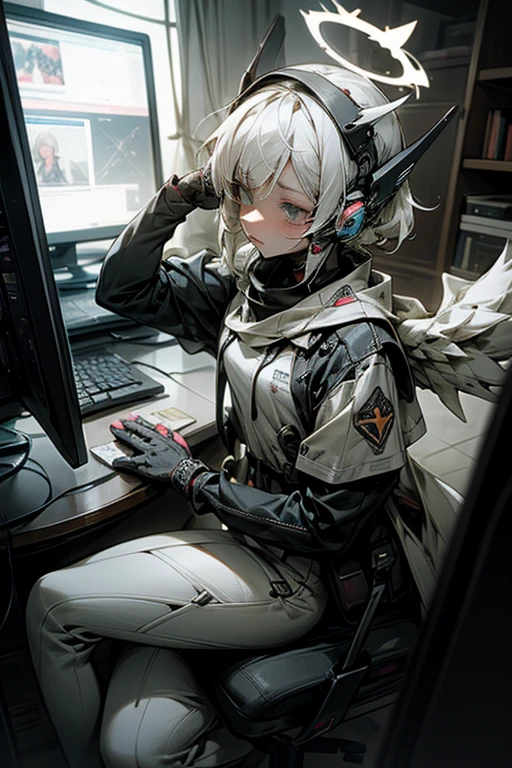 anime style, super fine illustration, highly detailed, dynamic angle, beautiful detailed, 8K, At midnight, in a dark room, Blake. A woman sits in front of her computer. BREAK She is wearing a headset with a microphone and holding a video game controller, BREAK She is playing a awesome game.Angel Halo,Angel Wings,Tears,White Hair,Short Hair, sadly face,perfect face,white effect
