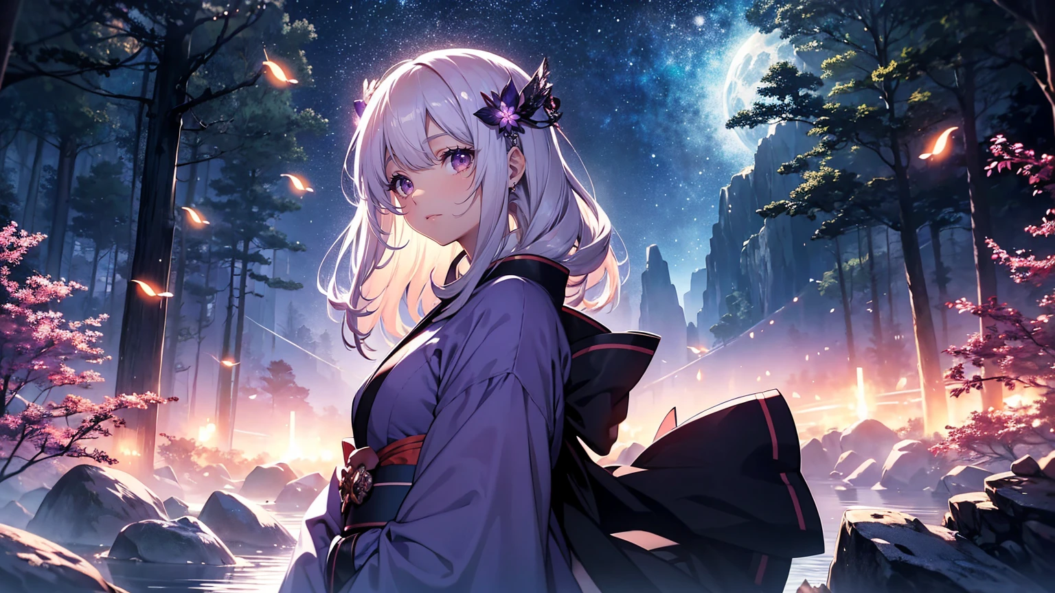A princess with a delicate, beautiful face, large eyes, and clear black straight hair, looking enchanting in a traditional, gorgeous Japanese red and purple kimono, stands on a rock in the mountains and looks up. A gentle, warm light surrounds the princess. The background is filled with soft out-of-focus light, and the pale blue and purple hues create a dreamy, serene, and enchanting atmosphere. Fireflies glowing in the moonlit night surround the princess, adding to the magical and ethereal atmosphere. 45 years old

