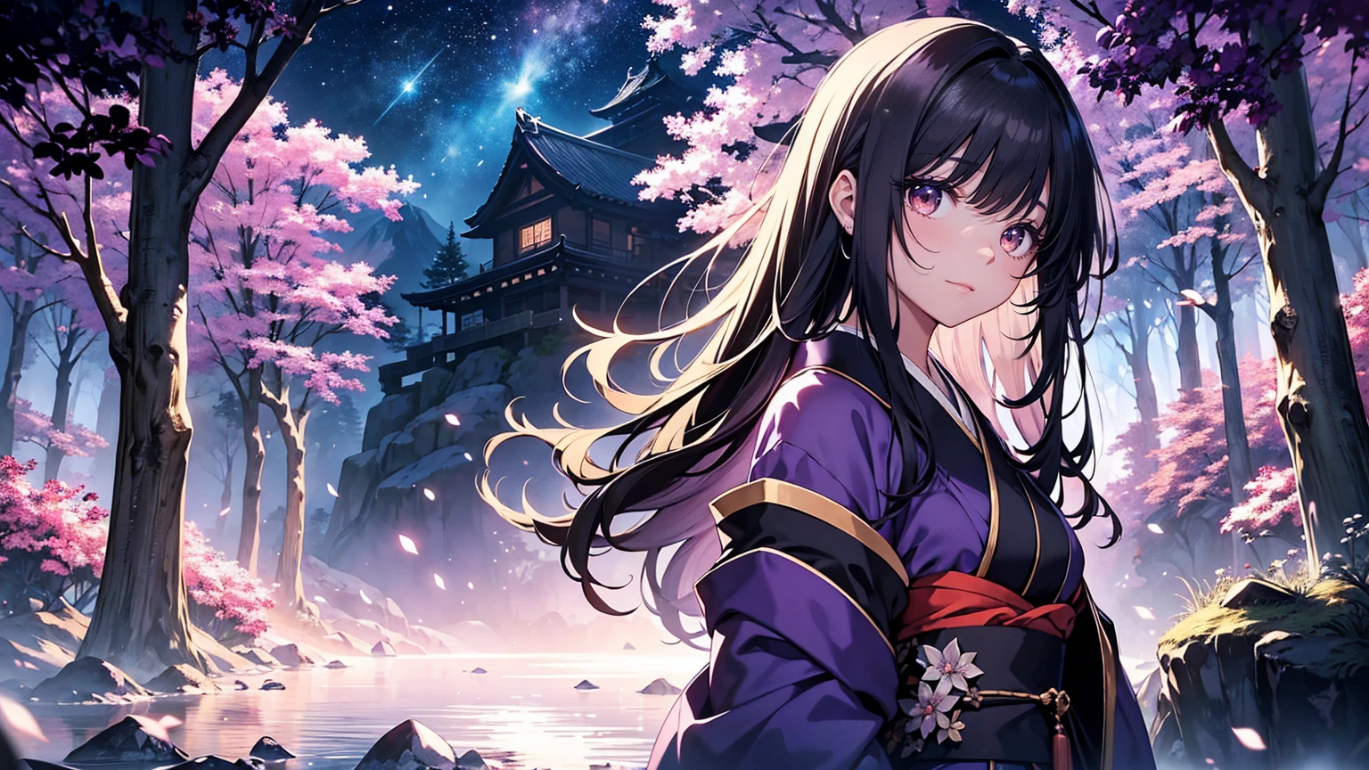 A princess with a delicate, beautiful face, large eyes, and clear black straight hair, looking enchanting in a traditional, gorgeous Japanese red and purple kimono, stands on a rock in the mountains and looks up. A gentle, warm light surrounds the princess. The background is filled with soft out-of-focus light, and the pale blue and purple hues create a dreamy, serene, and enchanting atmosphere. Fireflies glowing in the moonlit night surround the princess, adding to the magical and ethereal atmosphere. 45 years old