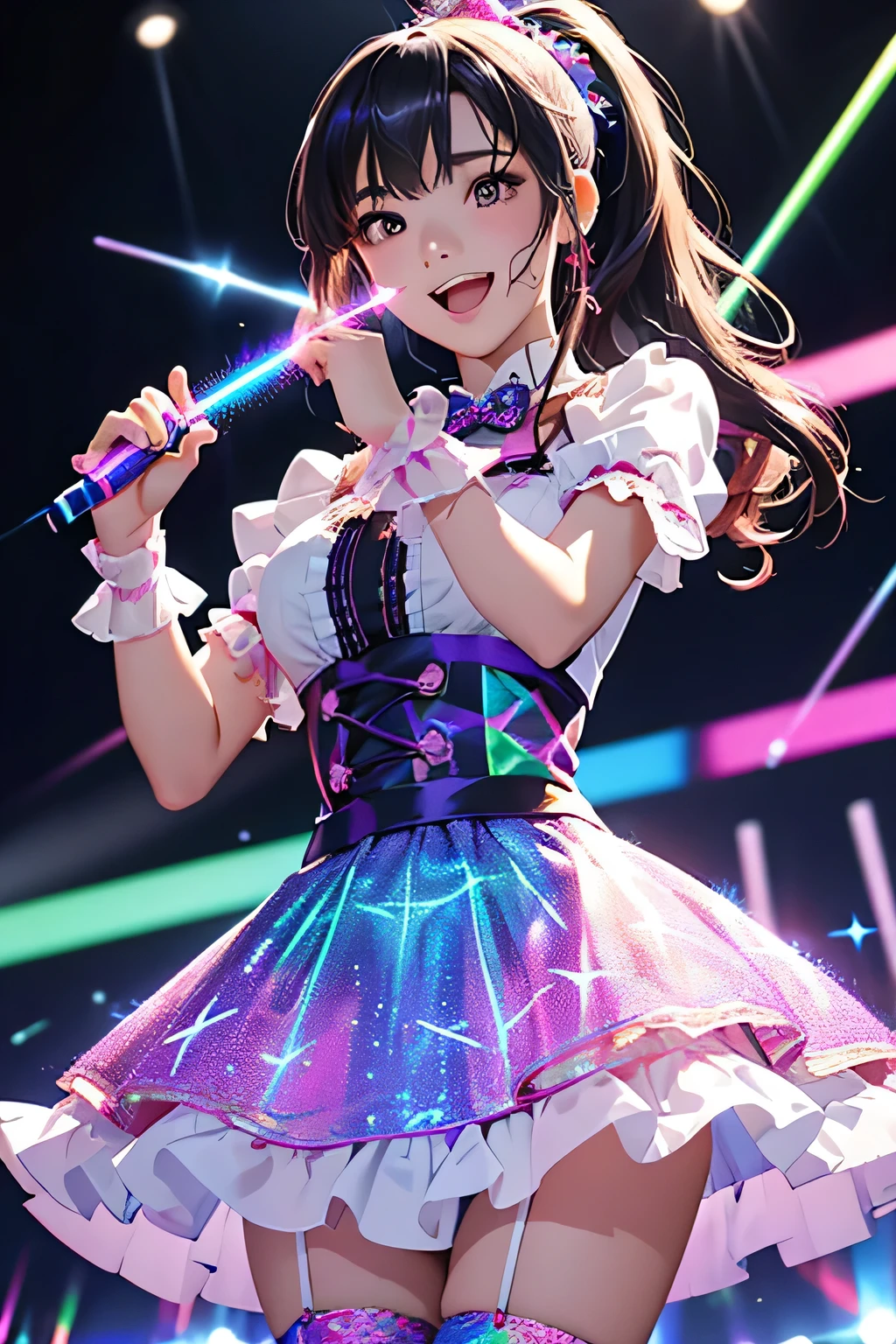 Highest quality、High resolution、Detailed Background、(Beautiful face in every detail:1.4)、Anatomically correct、(Detailed facial expressions)、age beauty、(Highly detailed face:1.4)、Brightly colored hair、ponytail、well-groomed eyebrows、colorful stockings、A big smile、Idol Style、stage、(An idol girl wearing a holographic laser dress is singing:1.5)、A big smile、smile、A fun atmosphere、Cute gestures、
Bright colors and pop colors、Ruffles and laces、Sleeves and hems of clothing、Ruffles and laces are applied to the collar etc.、Motifs such as hearts、Dresses and skirts、Femininity and cuteness、Hair accessories and ribbons、cute