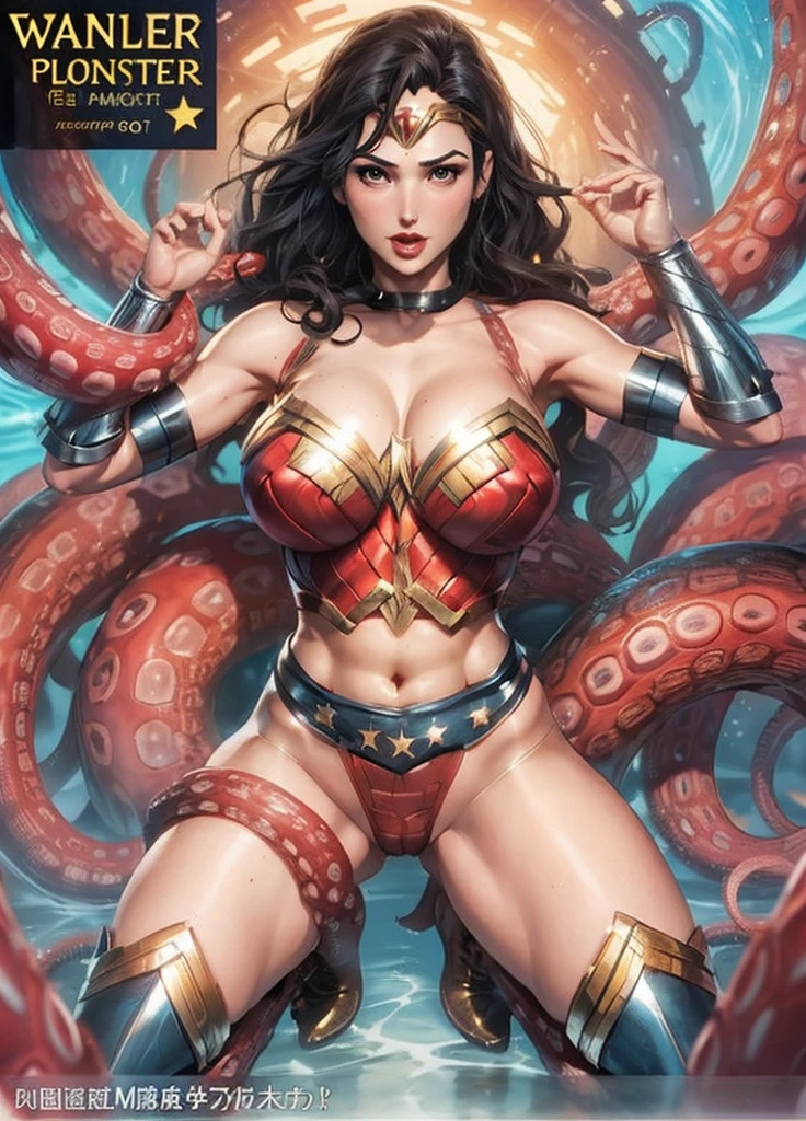 Gal Gadot as Wonder Woman, Giant octopus tentacles,entangle, huge breasts, Huge ass, plump body