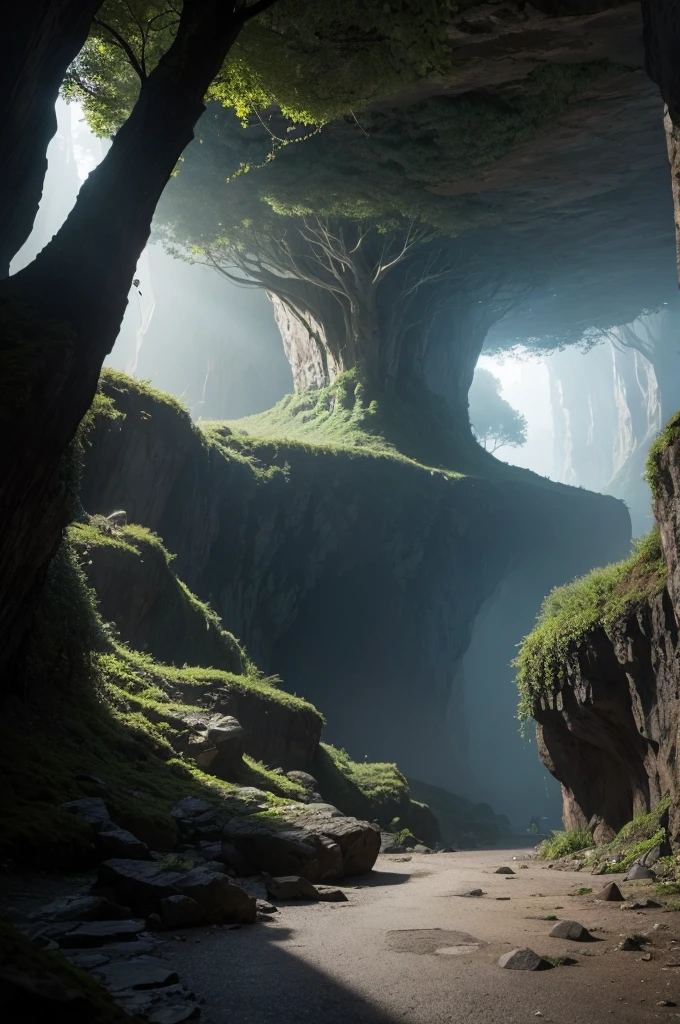 A cave with warning signs in front, large, dark trees around the cave, a little fog in the environment, earth and stone floor
