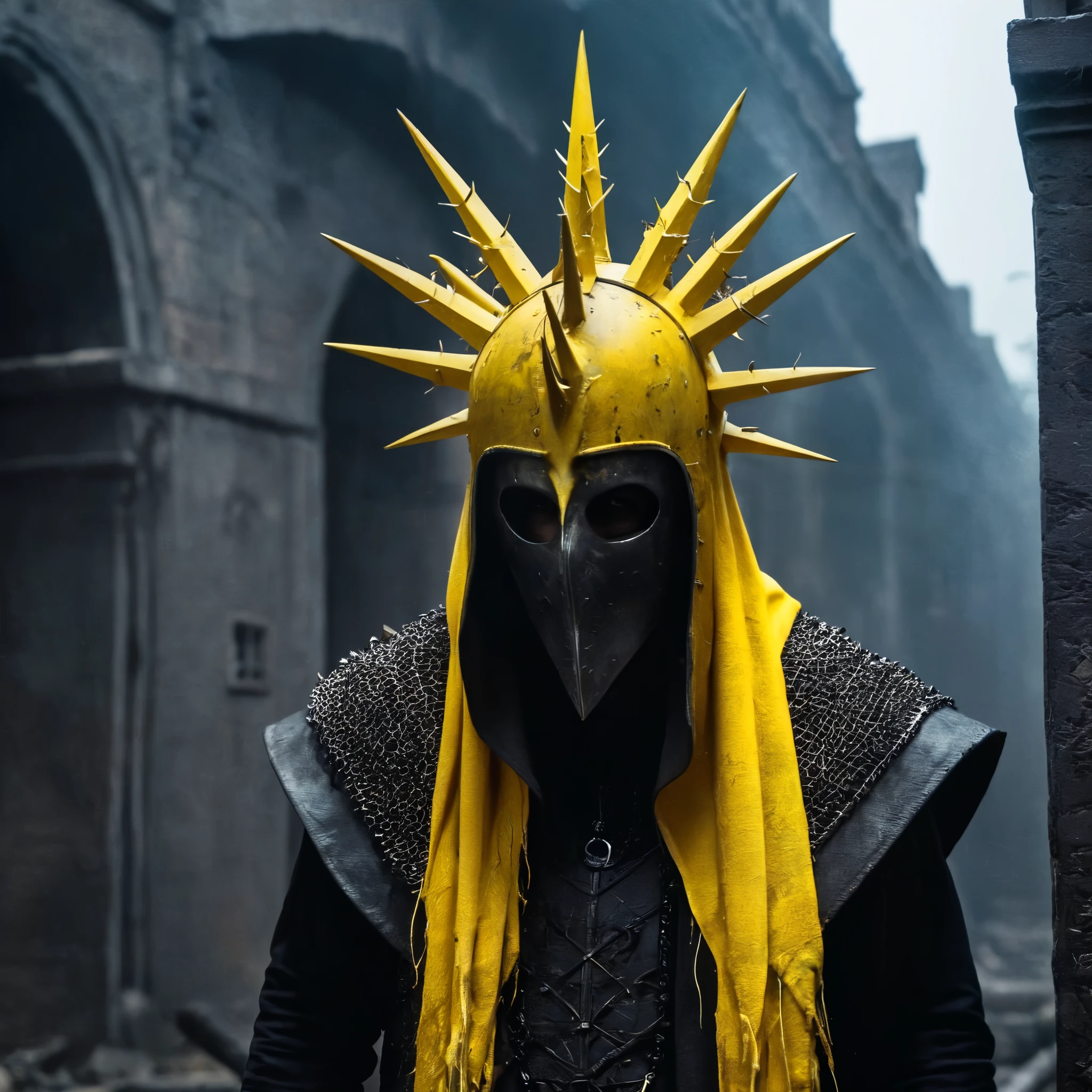 Horror-themed,  In an ancient and mysterious city a person wearing a yellow helmet with yellow spikes on it carcosa city style, Eerie, unsettling, dark, spooky, suspenseful, grim, highly detailed