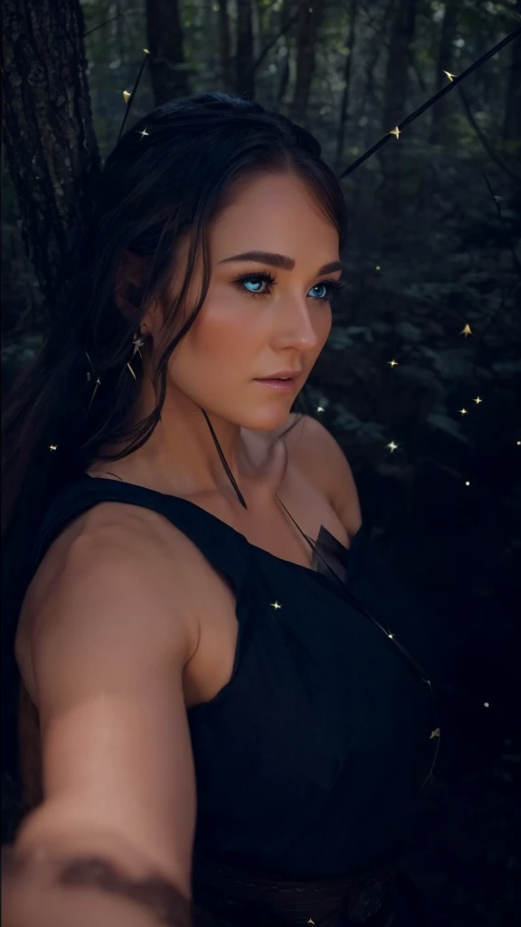 Pointy ears, dense forrest. Magical woman. Huntress. Looking at viewer. Quiver of arrows on her back.