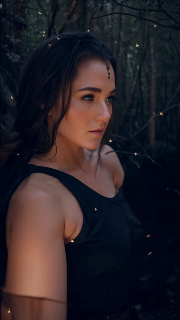 Pointy ears, dense forrest. Magical woman. Huntress. Looking at viewer. Quiver of arrows on her back. 