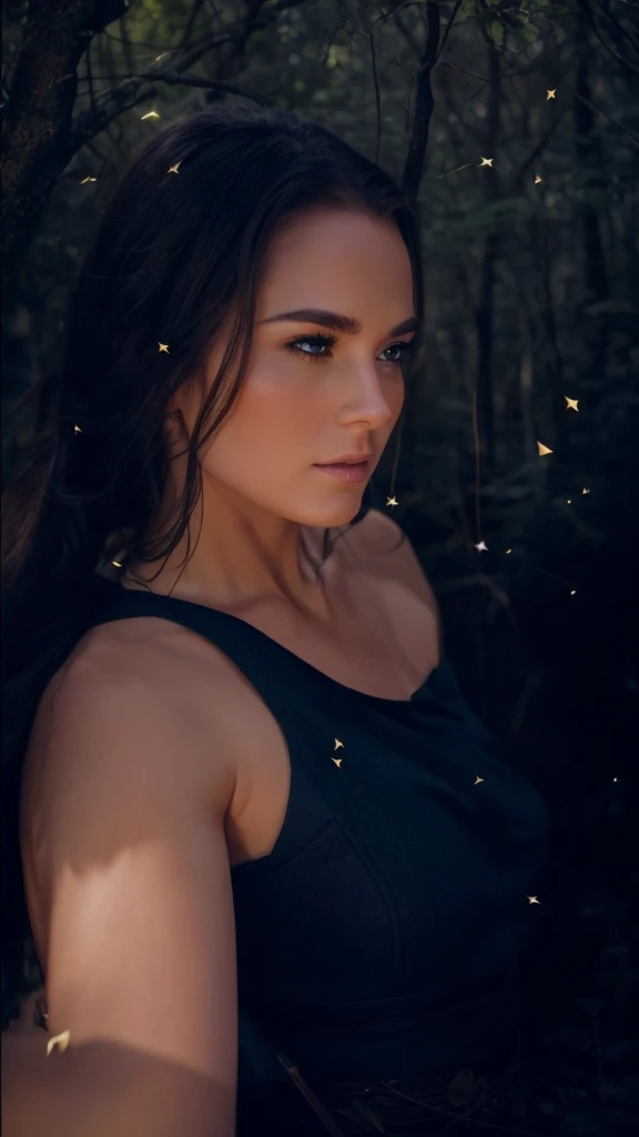 Pointy ears, dense forrest. Magical woman. Huntress. Looking at viewer. Quiver of arrows on her back. 