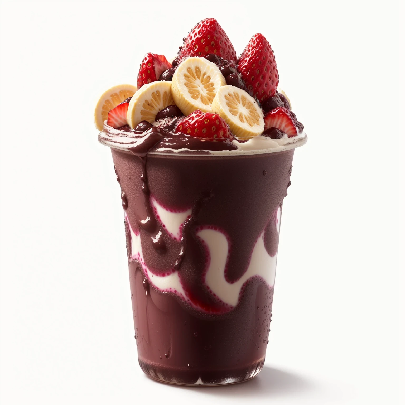 A disposable acai cup with strawberries and bananas, perfect sea, milkshake, vanilla smoothie explosion, luscious, appealing, transparent image background, best qualityer, studio photo, 8K