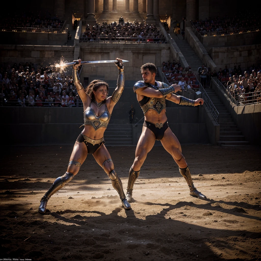 A hyperrealistic digital painting of two medieval gladiators engaged in an intense sword fight. One gladiator is clad in a red armor, detailed with intricate engravings and signs of battle wear. The other gladiator wears a blue armor, equally detailed with elaborate designs and signs of combat. They are in the midst of a fierce battle, their swords clashing with sparks flying. The background is a grand, ancient coliseum filled with an enthusiastic crowd. The lighting is dramatic, casting deep shadows and highlighting the metallic gleam of their armors. Dust and sweat are visible on their faces, capturing the raw intensity and realism of the scene. The composition is dynamic, showcasing the powerful and aggressive movements of both gladiators. Rendered in ultra-detailed 8k resolution, this artwork captures the epic and brutal nature of medieval gladiatorial combat, showcasing an award-winning level of digital artistry.