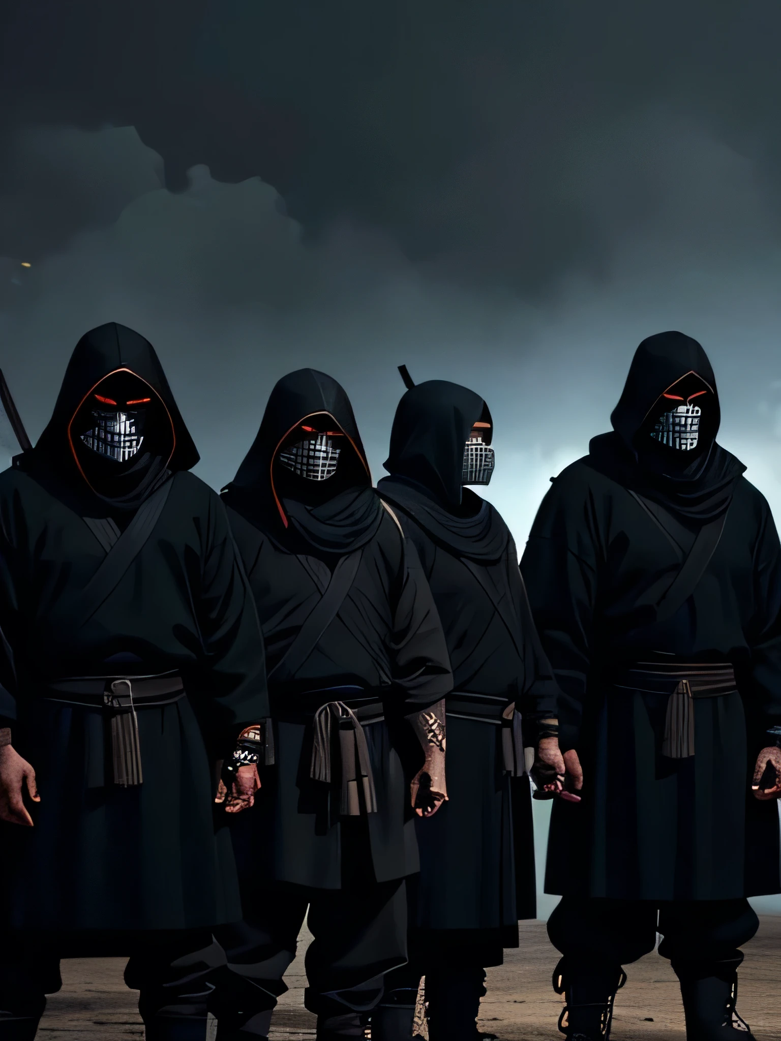 Create a dark and intense image of a clan of Mexican ninjas. The image should show several ninjas gathered together looking forward with only their eyes showing in a mysterious, nocturnal environment., with a threatening aura. Ninjas must wear traditional ninja attire, but with dark touches of Mexican culture, like Mexican skulls with macabre details, stylized skull masks, and dark garments adorned with bones and patterns of death.