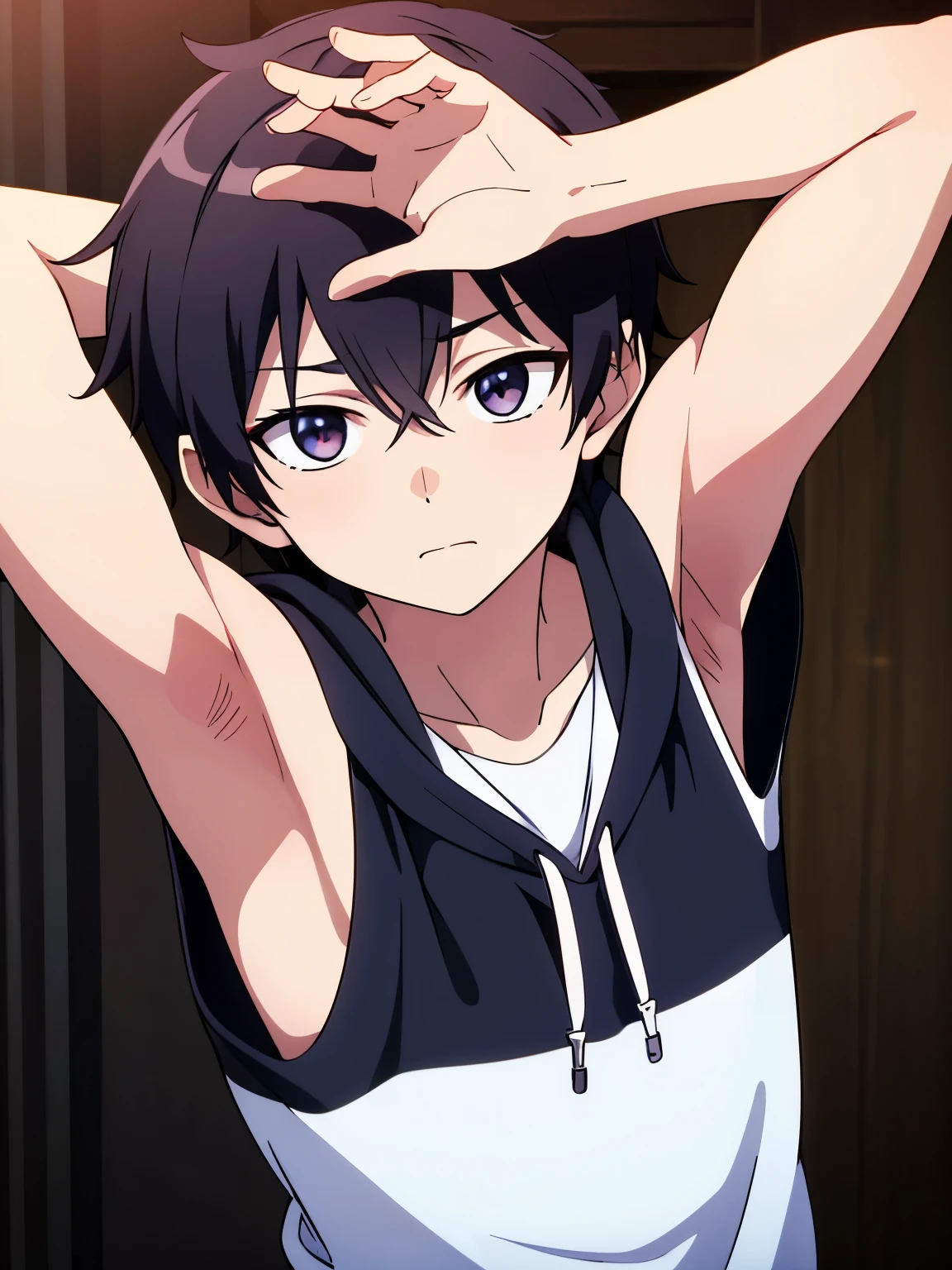 Highres, Masterpiece, Best quality at best,Best Quality,hight quality, hight detailed, Anime screencap style, 1boy, Shota, Black hoodie, Sleeveless hoodie, Seen from the front, look at viewer, (very young boy), (very small and short body), 12-year-old boys, (Showing armpit:1.3), hansome boy, Uhd, 4k, wallpaper