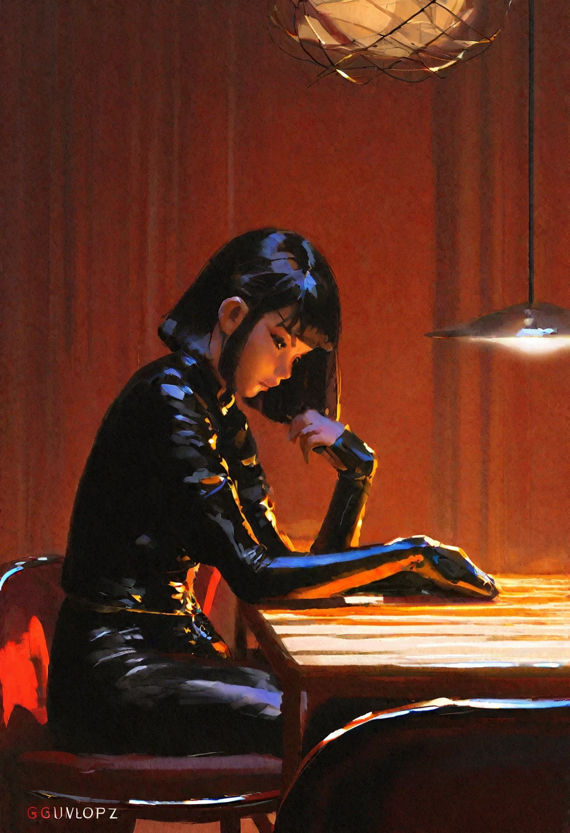 anime scene of a woman in leathers sitting at a table, artwork in the style of guweiz, guweiz, hyperrealistic d & d fantasy art, relaxing concept art, 2. 5 d cgi anime fantasy artwork, wlop and krenz cushart, warm fantasy lighting, best on wlop, fantasy gorgeous lighting