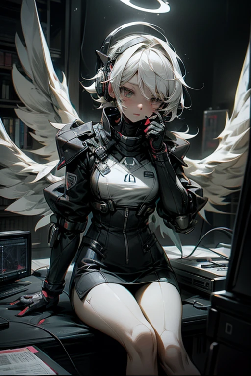 anime style, super fine illustration, highly detailed, dynamic angle, beautiful detailed, 8K, At midnight, in a dark room, Blake. A woman sits in front of her computer. BREAK She is wearing a headset with a microphone and holding a video game controller, BREAK She is playing a awesome game.Angel Halo,Angel Wings,Tears,White Hair,Short Hair, sadly face,perfect face,