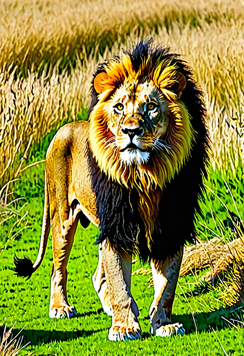 Champ de blé avec un lion noir ua raayure jaune au milieu
