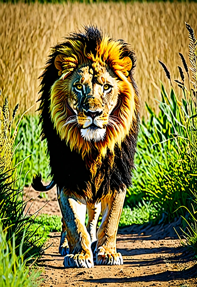 Champ de blé avec un lion noir ua raayure jaune au milieu