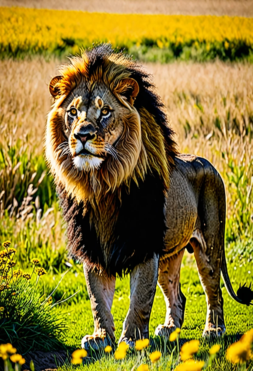 Champ de blé avec un lion noir ua raayure jaune au milieu 