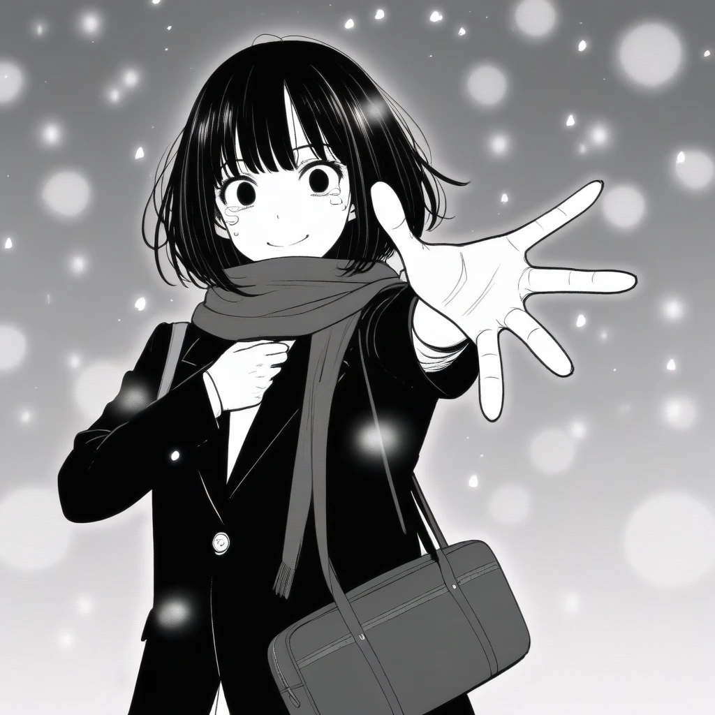 masterpiece, best quality, 1girl, mamerakkkkko, grayscale, manga style, japanese, chi no wadachi, black eyes, street, iced, black hair, schoolbag, smile, lineart, black coat, black scarf, black pleated skirt, leggins, centered, adult female:1.4, tall, fair skinned, bokeh background, crying, tears, tears streaming, bob cut, light particles, centered, snowing, (((reaching out left hand to viewer, perfect hand, detailed hand:1.1)), emotional anime scene
