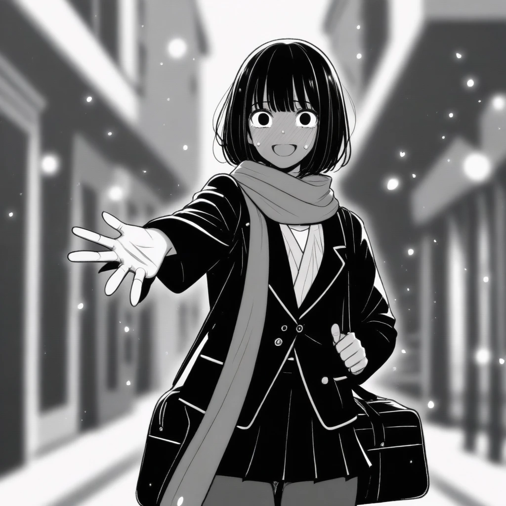 masterpiece, best quality, 1girl, mamerakkkkko, grayscale, manga style, japanese, chi no wadachi, black eyes, street, iced, black hair, schoolbag, smile, lineart, black coat, black scarf, black pleated skirt, leggins, centered, adult female:1.4, tall, fair skinned, bokeh background, crying, tears, tears streaming, bob cut, light particles, centered, snowing, (((reaching out left hand to viewer, perfect hand, detailed hand:1.1)), emotional anime scene