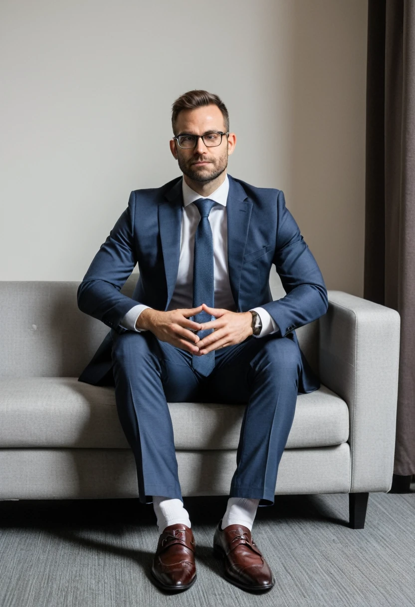 RAW photo, full body, a 35-year-old man, ((dressed as a Accountant)), is sitting on a guest sofa, looking towards the audience, wearing shoes, with both hands forward on his knees, straight forward position, 