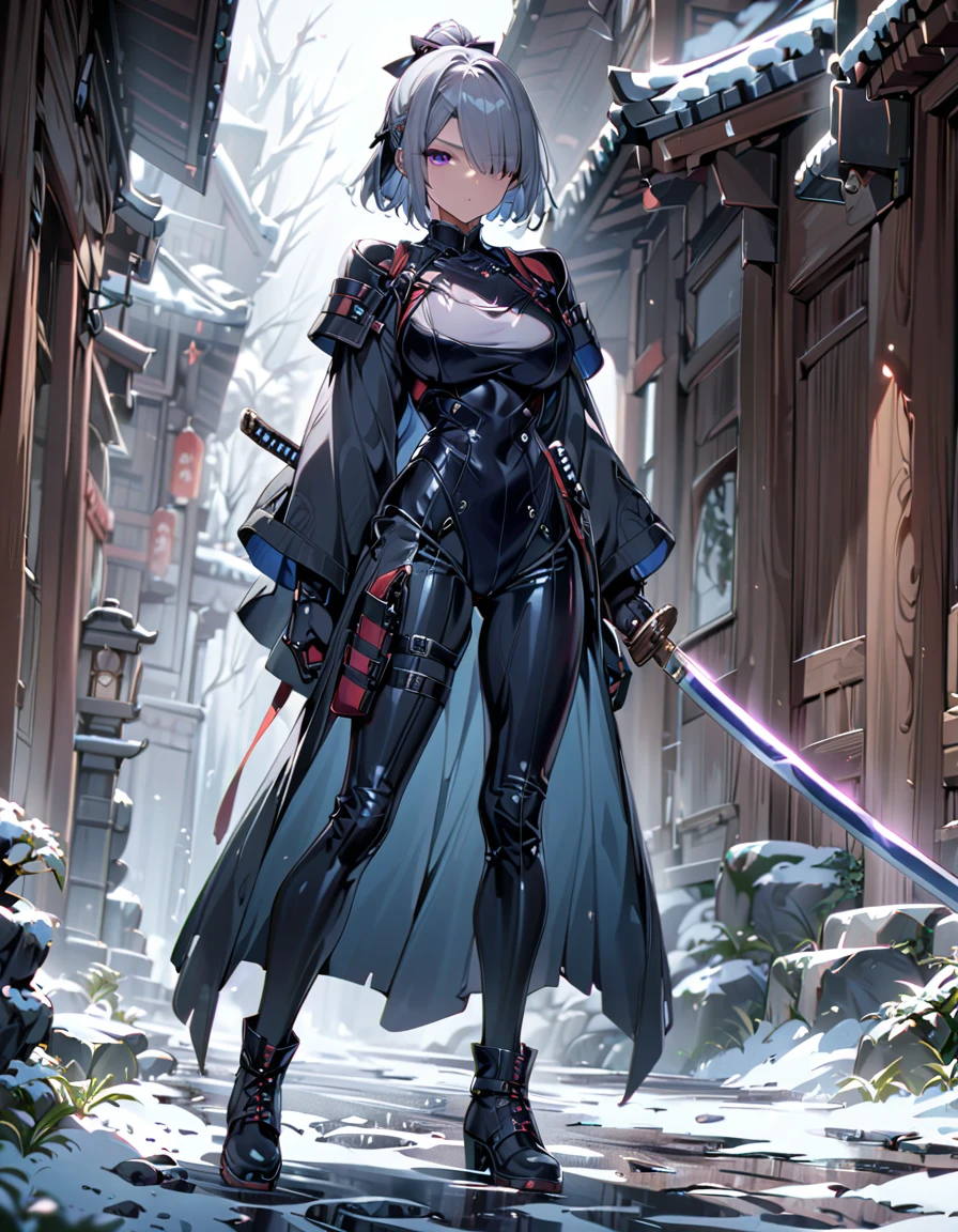 masterpiece, highly detailed, best quality, high quality, 1girl, (solo, solo focus), purple eyes, beautiful detailed eyes, beautiful detailed face, perfect hands, complete fingers, perfect anatomy, perfect proportions, (short hair, bob hair, ponytail hair, grey hair), (hair over one eye:1.3), ((using weapon, two katana swords)), detailed shadows, detailed light, (black skintight bodysuit, (black leotard), shoulder holster), (full black pantyhose, skintight black leggings), matching boots, full body, serious, cowboy shot, snowy alleyway backdrop. full body costume design.