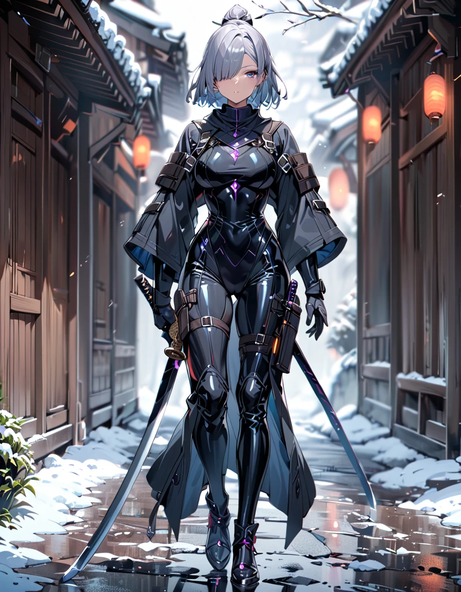 masterpiece, highly detailed, best quality, high quality, 1girl, (solo, solo focus), purple eyes, beautiful detailed eyes, beautiful detailed face, perfect hands, complete fingers, perfect anatomy, perfect proportions, (short hair, bob hair, ponytail hair, grey hair), (hair over one eye:1.3), ((using weapon, two katana swords)), detailed shadows, detailed light, (black skintight bodysuit, (black leotard), shoulder holster), (full black pantyhose, skintight black leggings), matching boots, full body, serious, cowboy shot, snowy alleyway backdrop. full body costume design.