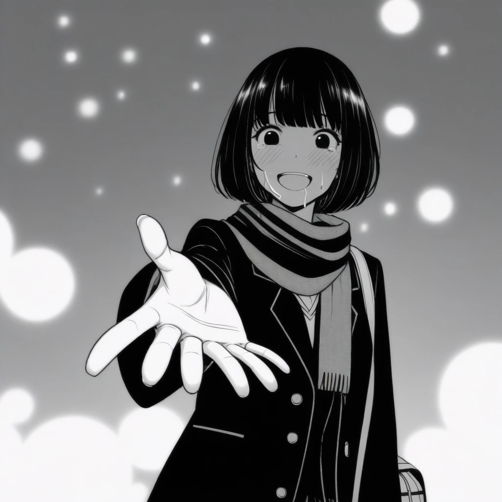 masterpiece, best quality, 1girl, mamerakkkkko, grayscale, manga style, japanese, chi no wadachi, black eyes, street, iced, black hair, schoolbag, smile, lineart, black coat, black scarf, black pleated skirt, leggins, centered, adult female:1.4, tall, fair skinned, bokeh background, crying, tears, tears streaming, bob cut, light particles, centered, snowing, (((reaching out left hand to viewer, perfect hand, detailed hand:1.1)), emotional anime scene
