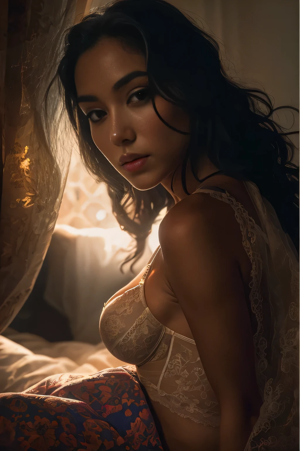 latina woman in a dimly lit bedroom, sensual pose on bed, skin glowing, mesmerizing eyes, intricate delicate lingerie, soft shadows, dramatic lighting, cinematic composition, serene atmosphere, painterly style, warm color palette, masterpiece, ultra-detailed, photorealistic, 8k