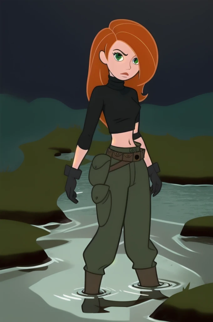 Best_QualityPos, RAW photo, intricate details, best quality, 8k uhd, soft lighting, 1girl, solo, green eyes, orange hair, long hair, black gloves, black turtleneck sweater, crop top, midriff, long sleeves, belt, belt pouch, green cargo pants, black shoes she is in the watery swamp her thighs are underwater
