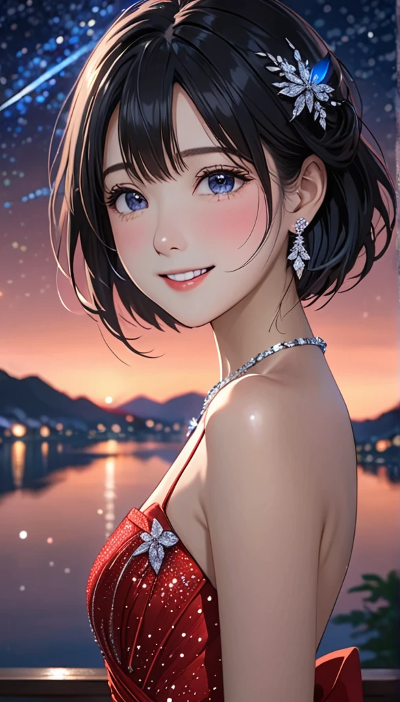 National Science Foundation,masterpiece,High resolution,8K,Art,Digit,Kyoto Animation Style,your name movie style,Facing the camera,night,midnight,Light,Meteor,(1 female: 1.3),(alone: 1.4),(((Black hair))),Sparkling Light Red Evening Dress,Swarovski crystals on evening gown,crystal hairpin,silver crystal necklace,silver crystal earrings,Long eyelashes,Slender legs,short bob,sexy pose,Close-up of upper body,Close-up,close view,nightstarry sky,Eyes as deep as the starry sky,Blushed,shy,shy,Open your mouth and smile