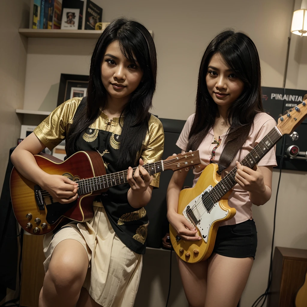 compact disc tulisan "EIROY" & seorang pria indonesia usia 30 th, wajah bersih rambut gondrong, memainkan gitar electric, 