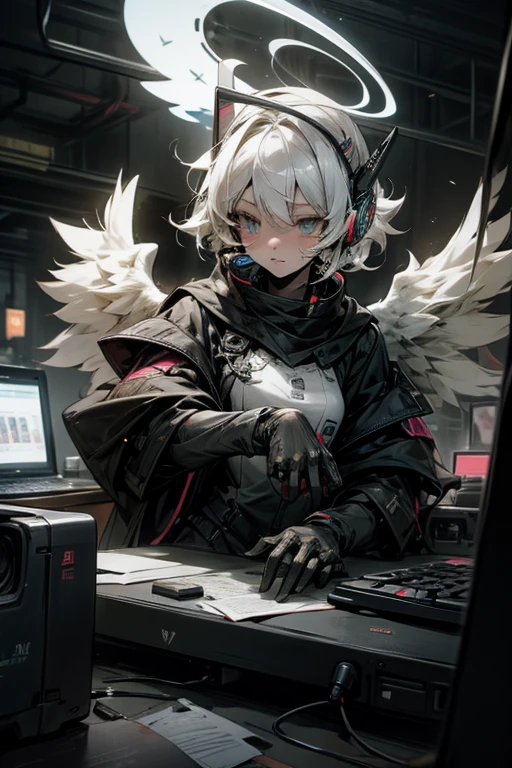 anime style, super fine illustration, highly detailed, dynamic angle, beautiful detailed, 8K, At midnight, in a dark room, Blake. A woman sits in front of her computer. BREAK She is wearing a headset with a microphone and holding a video game controller, BREAK She is playing a awesome game.Angel Halo,Angel Wings,Tears,White Hair,Short Hair, sadly face,perfect face,holding handgun, 
