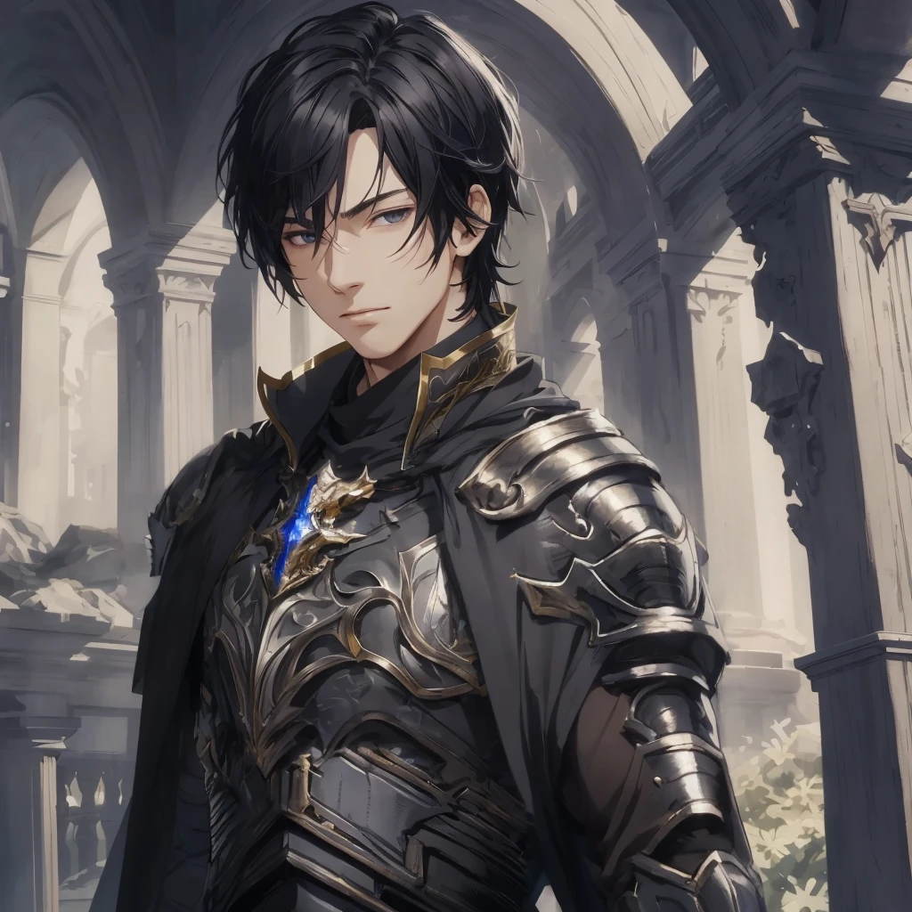 masterpiece, best quality, 1man, adult, male focus, solo, looking at viewer, cape, High quality metal texture, overcoat, closed mouth, upper body, bangs, high collar,(kbxll:0.6), Fantasy aesthetics, Highly detailed, shadowverse style, armored gloves, metallic gloves, black armor