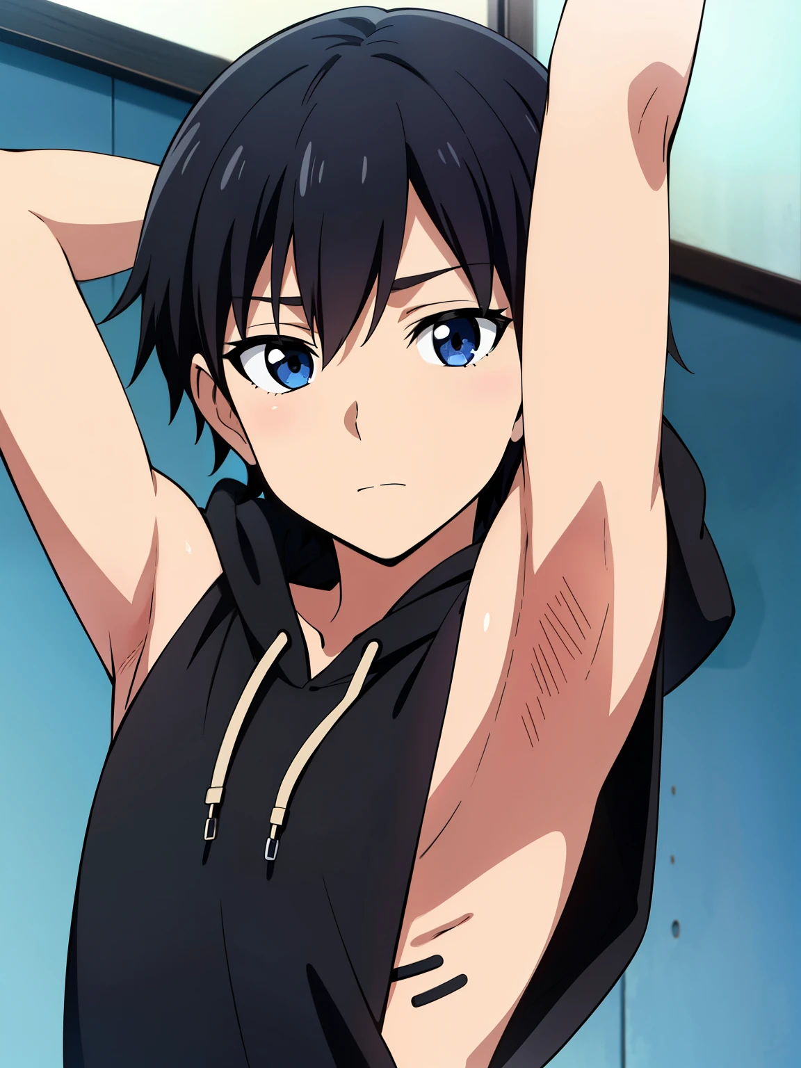 Highres, Masterpiece, Best quality at best,Best Quality,hight quality, hight detailed, 1boy, Boy, Teenage boy, Fluffy hair, Side bangs, Solo person, Sleeveless hoodie, Croptop, Navel, Choker, Glove, Arm cover, Belt, Collarbone, Depth of field, Anime screencap style, thin line, Seductive pose, open mouth,Seen from the front, Little sweat, Kpop, Cute boy, Slim body, 15-year-old boys, Blurry and simple beckground, bokeh, Uhd