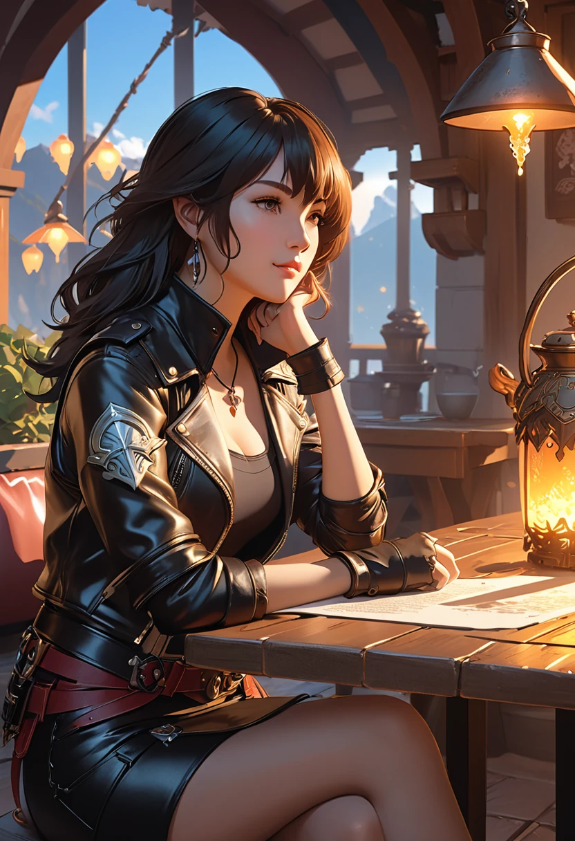 anime scene of a woman in leathers sitting at a table, artwork in the style of guweiz, guweiz, hyperrealistic d & d fantasy art, relaxing concept art, 2. 5 d cgi anime fantasy artwork, wlop and krenz cushart, warm fantasy lighting, best on wlop, fantasy gorgeous lighting
