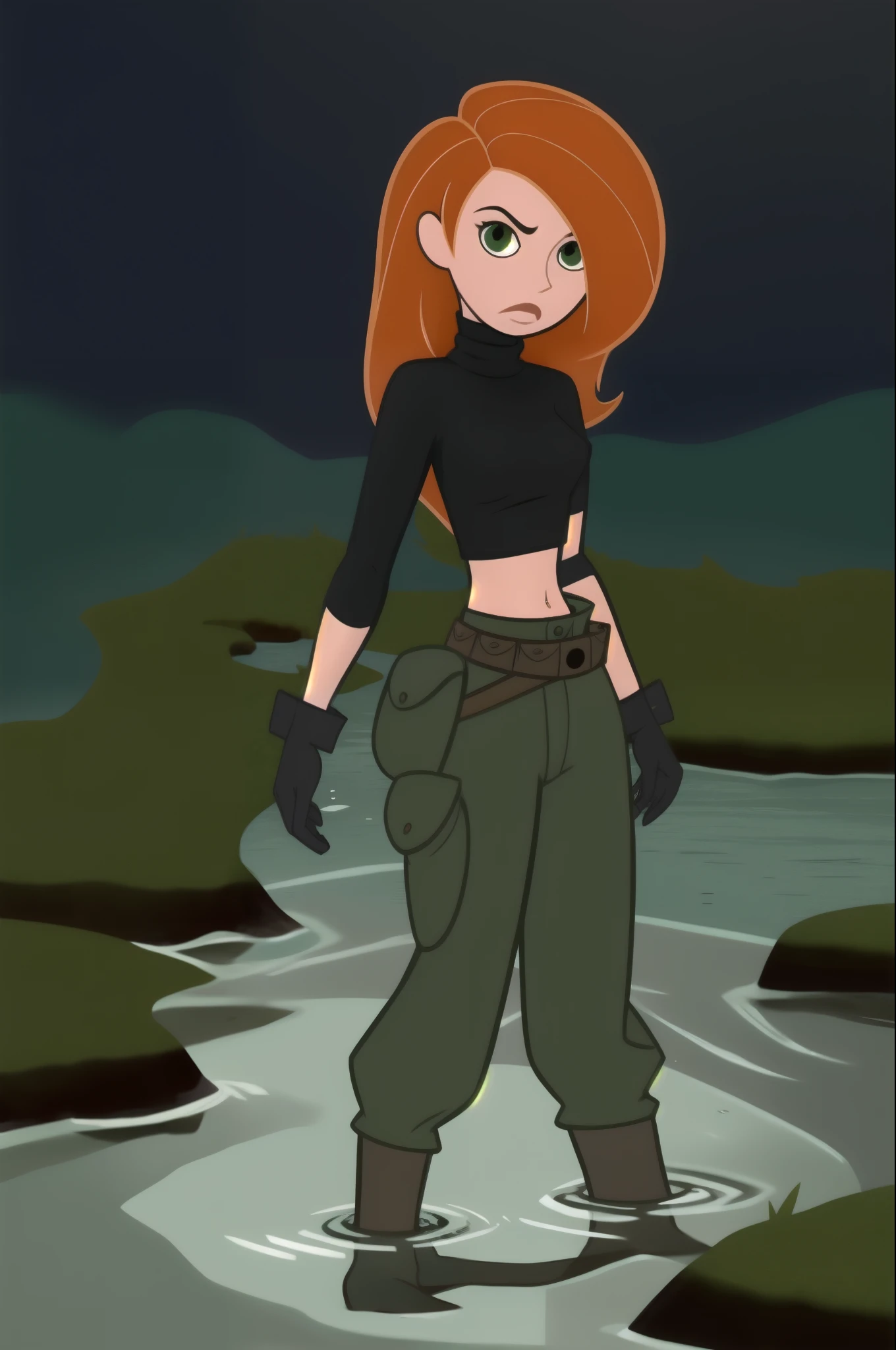 Best_QualityPos, RAW photo, intricate details, best quality, 8k uhd, soft lighting, 1girl, solo, green eyes, orange hair, long hair, black gloves, black turtleneck sweater, crop top, midriff, long sleeves, belt, belt pouch, green cargo pants, black shoes she is in the watery swamp her thighs are underwater 