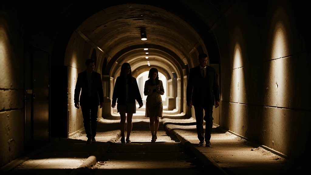 The friends cautiously walking through the narrow, dimly lit tunnel. Their expressions are tense and alert, with shadows dancing on the walls.