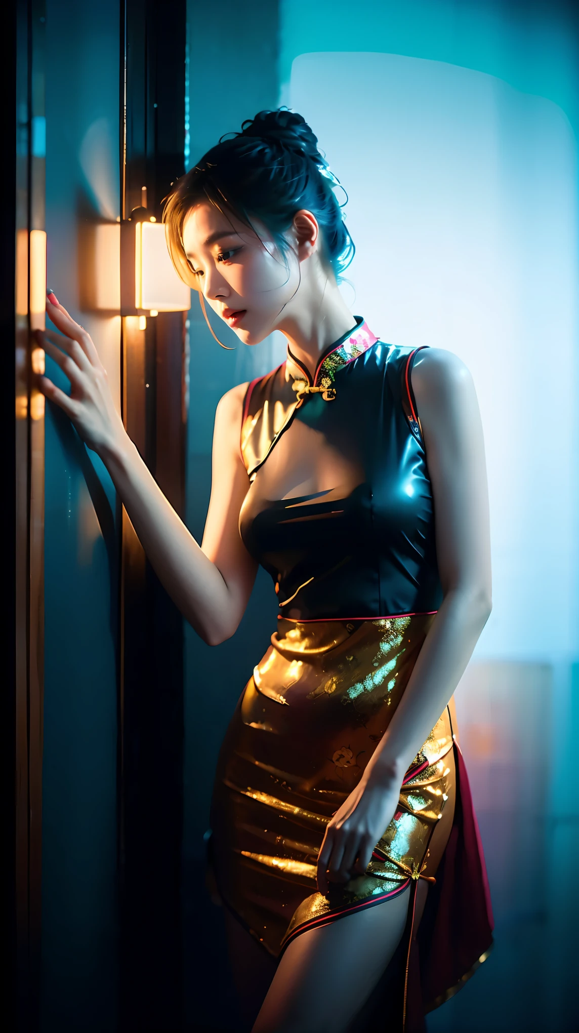 Best quality，masterpiece，K，A girl，Wearing a black cheongsam，Leaning against the wall，Film quality，smoke，Neon，Luminescence，Multiple light sources，High light-dark contrast，night