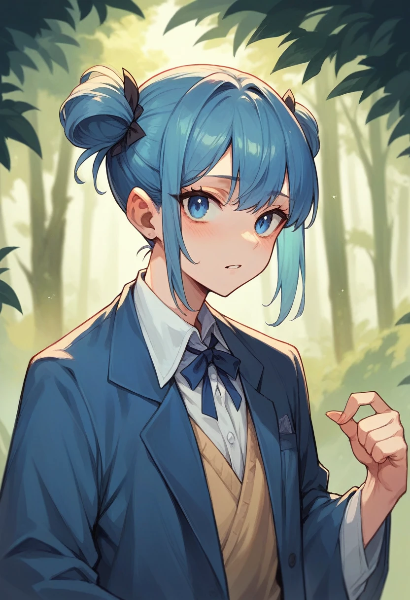 Japanese girl with pigtail,blue eyes and blue suit talking to demon in a forest