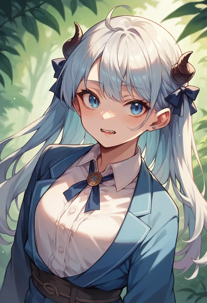 Japanese girl with pigtail,blue eyes and blue suit talking to demon in a forest