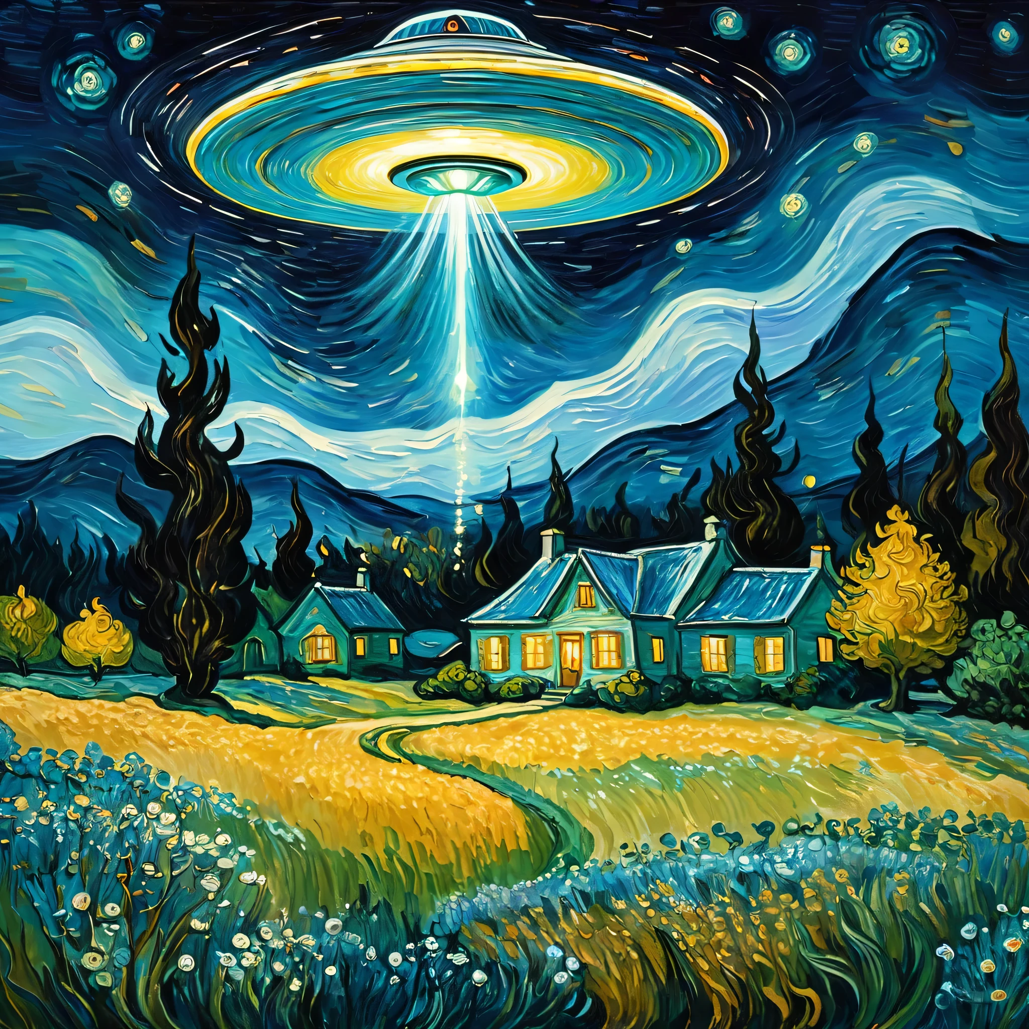 Painting in the style of Van Gogh, a fairy with a magic wand conjured an alien flying saucer UFO 