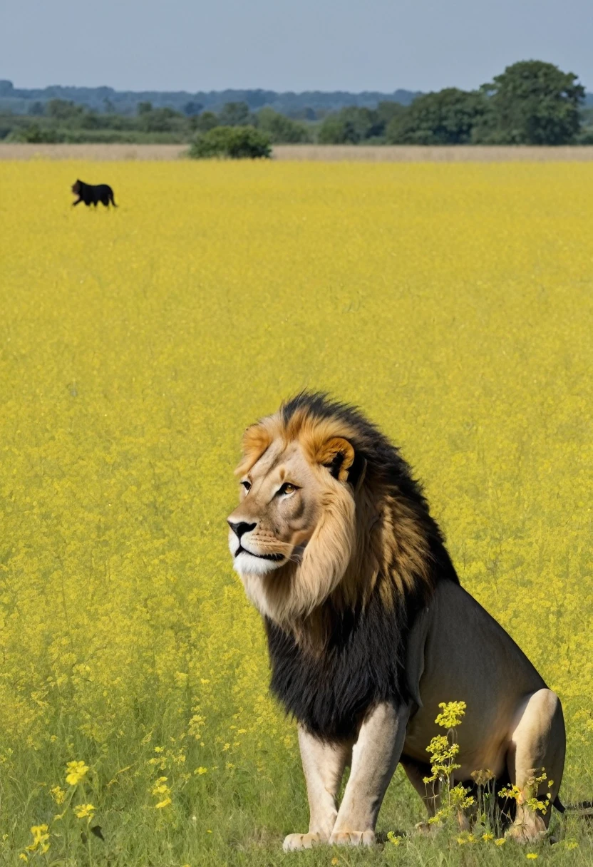 Champ de blé avec un lion noir ua raayure jaune au milieu