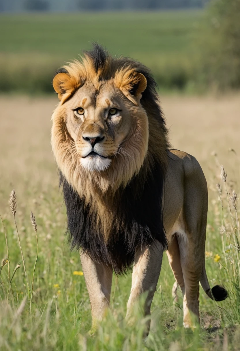 Champ de blé avec un lion noir ua raayure jaune au milieu 