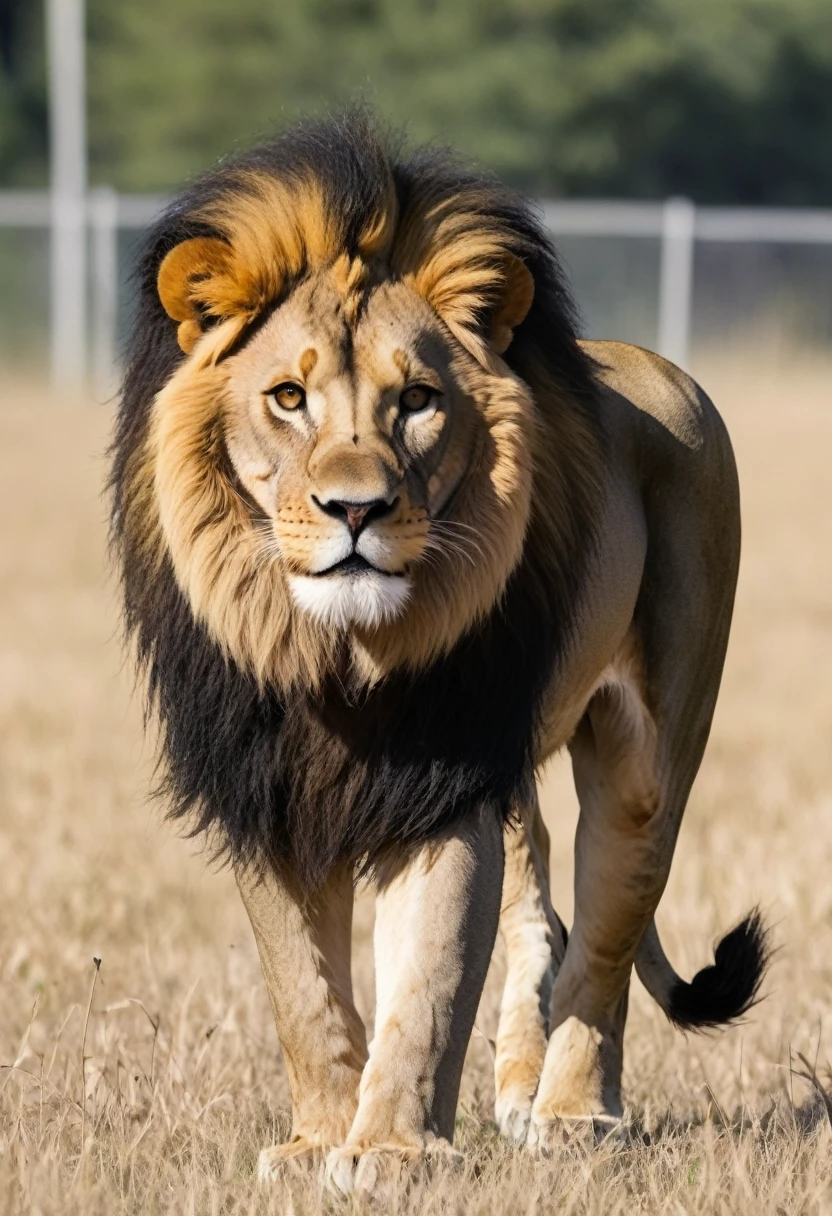 Champ de blé avec un lion noir ua raayure jaune au milieu