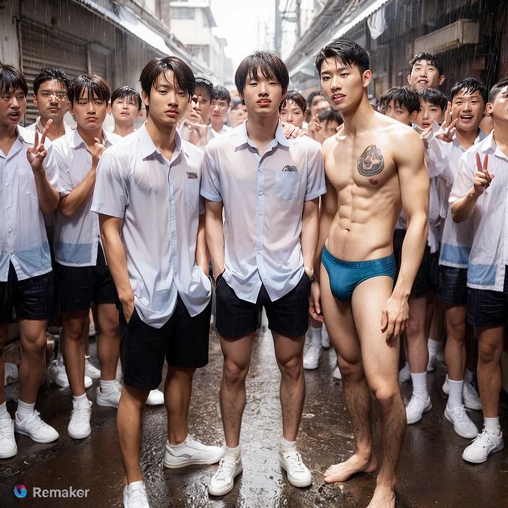 realistic, underwear, Korean male_focus, alleyway, jewelry, necklace, indoors, male_tanga_underwear, navel, brown_hair, solo_focus, looking_at_viewer, fat, blurry, desk, short_hair, tanga, many friends blurry_background, topless_male, multiple_students, standing