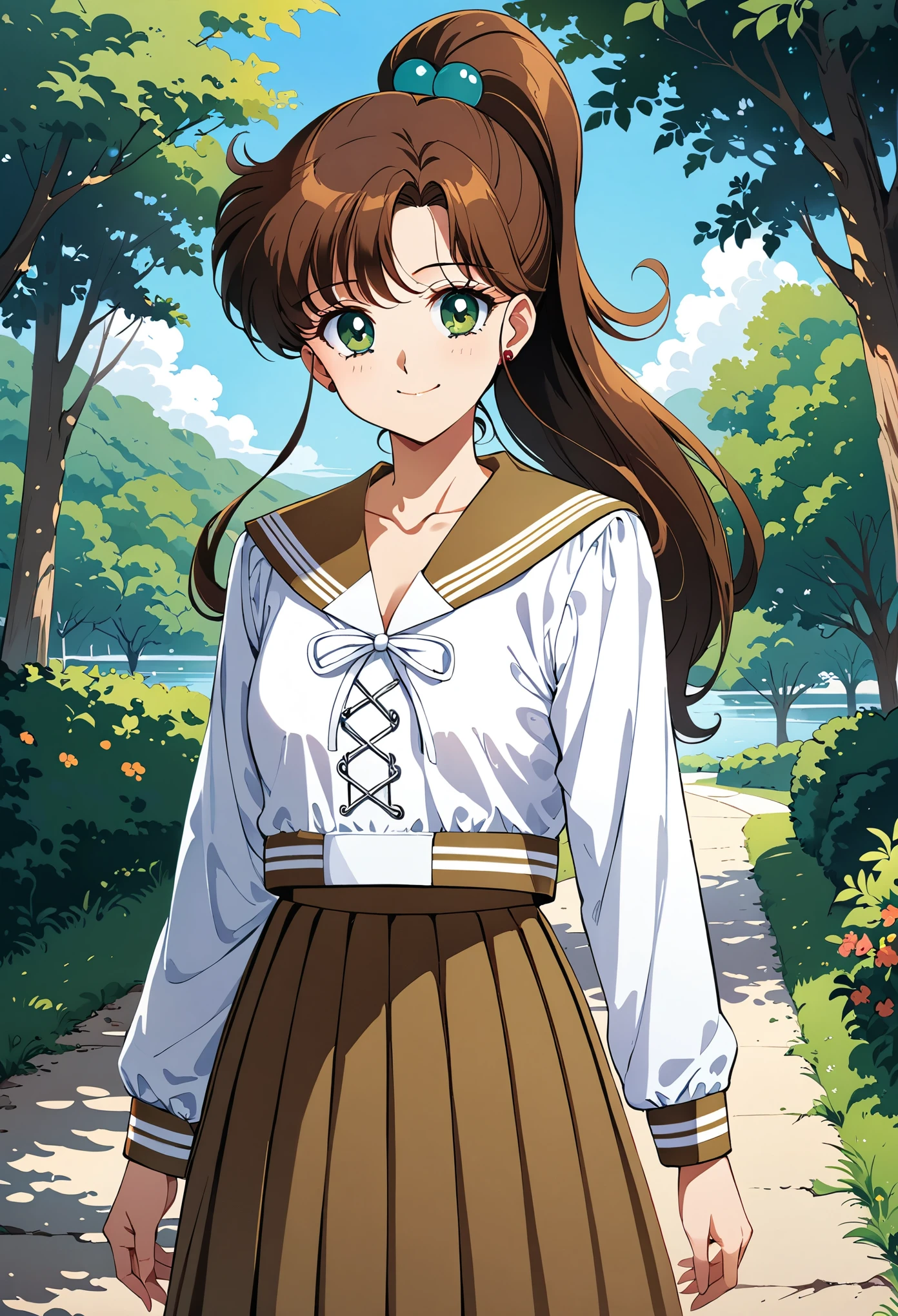 (masterpiece, best quality, very aesthetic, ultra detailed), intricate details, 4k, aajupiter, long hair, ponytail, hair bobbles, green eyes, serafuku, brown sailor collar, white shirt, long sleeves, long skirt, brown skirt, standing, cowboy shot, outdoors, smile