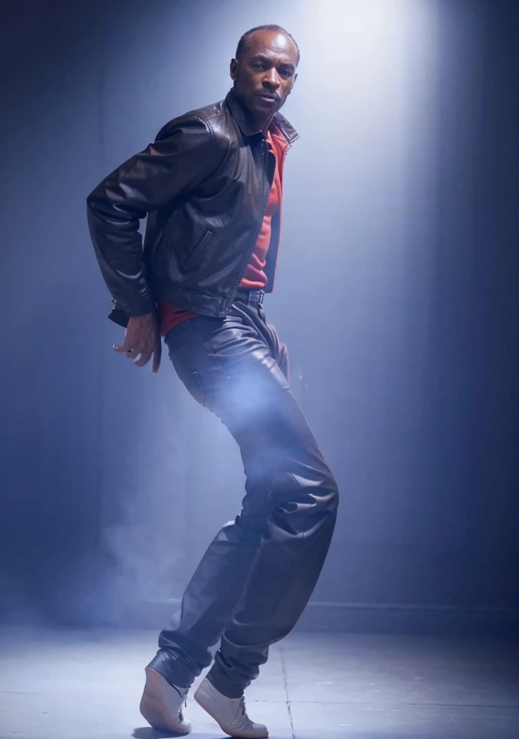 A Old Black man with receding hair line looking to left and wearing a red leather jacket and wearing a Black pants and Dancing 