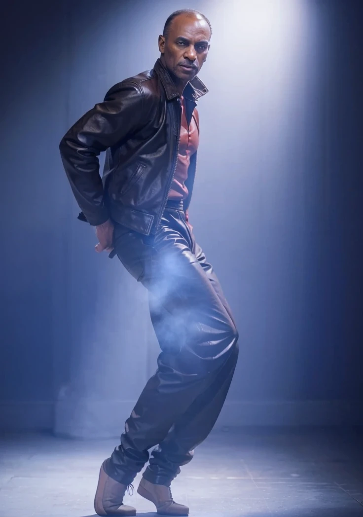 A Old Black man with receding hair line looking to left and wearing a red leather jacket and wearing a Black pants and Dancing